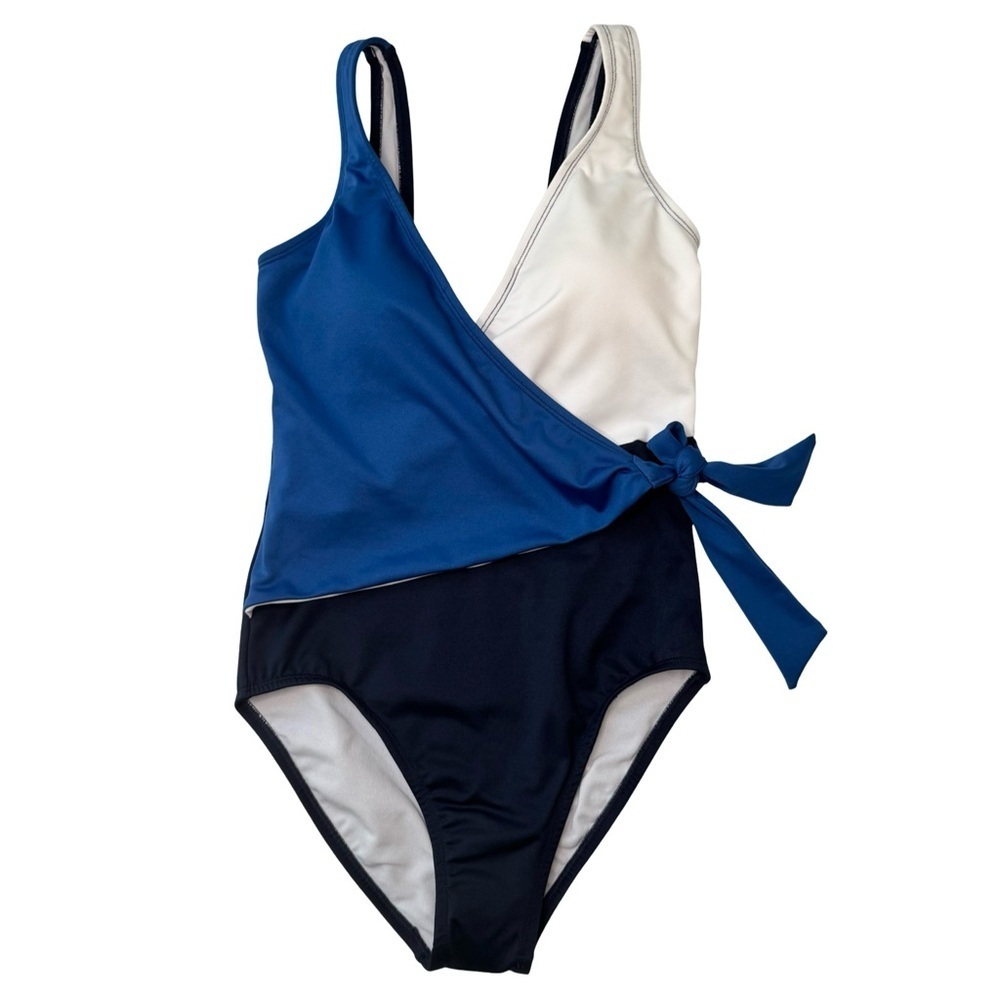 NWT DOLPHIN Aquashape Wrap Front One Piece Swimsuit Navy Capri Blue Size 8 - Picture 2 of 16